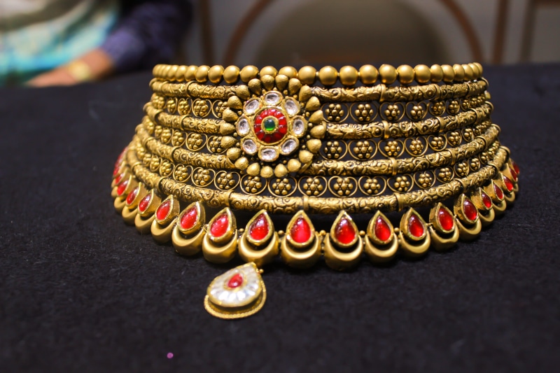 no people, bracelet, gold, 5K, fashion, jewelry, rakesh, craft, antique, vasu, indoors, necklace, jewellery, metal, selective focus, table, gold jewellery