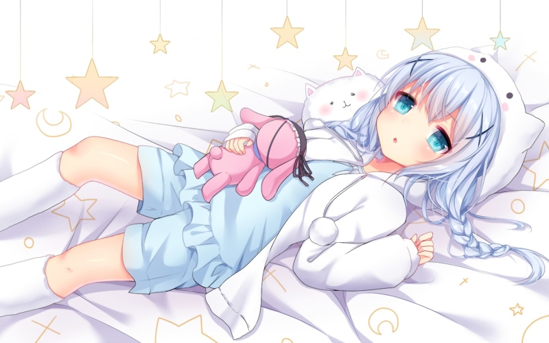 bed, loli, teddy bears, stars, pyjamas, anime girls, Kafuu Chino, 2K, lying down