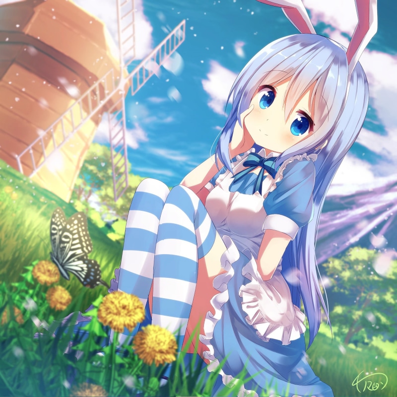 Kafuu Chino, day, grass, sunlight, plant, celebration, white hair, women, blue eyes, blue, 720P, anime girls, flowering plant, representation, anime, lifestyles