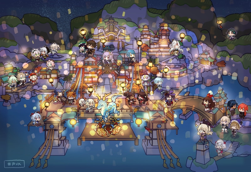 Beidou (Genshin Impact), Venti (Genshin Impact), Amber (Genshin Impact), Ganyu (Genshin Impact), Mona (Genshin Impact), Sucrose (Genshin Impact), Xingqiu (Genshin Impact)