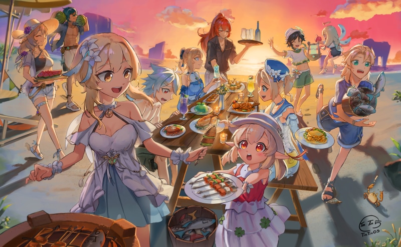 barbara (genshin impact), Paimon(Genshin Impact), Albedo (Genshin Impact), beach, Lisa (Genshin Impact), Diluc (Genshin Impact), Jean (Genshin Impact)