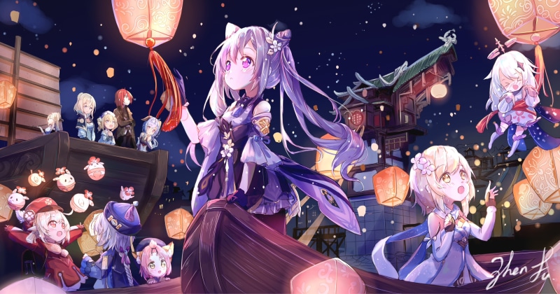 keqing (genshin impact), dress, loli, happy, Barbara, Lantern Festival, anime, smoking, Diluc (Genshin Impact), stars, blush, blond hair, open mouth, purple hair