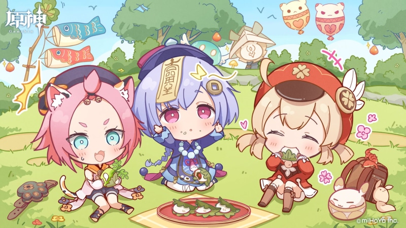 cat girl, blonde, elf girl, blue eyes, pink eyes, park, fictional creatures, anime girls, red eyes, artwork, Klee (Genshin Impact), Qiqi (Genshin Impact)