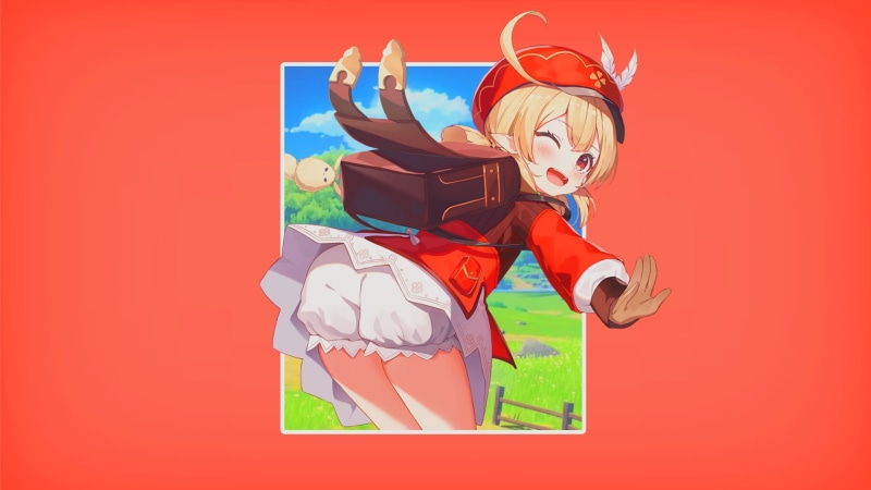 simple background, orange eyes, blonde, speech bubble, anime, anime girls, minimalism, picture-in-picture, Klee (Genshin Impact), 1080P