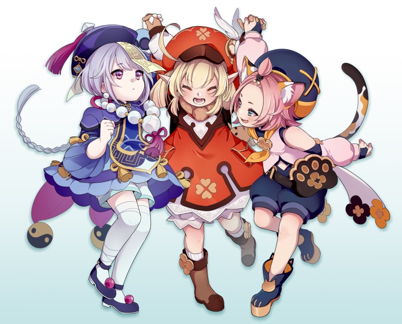 Genshin Impact, lolita, elf girl, bangs, cat tail, Diona (Genshin Impact), blush, Klee (Genshin Impact), laughing, purple hair, blue eyes, twintails, Qiqi (Genshin Impact)