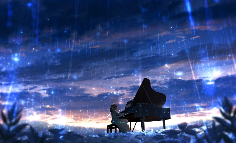 Anime, Girl, Piano, Rain, Original, 1080P