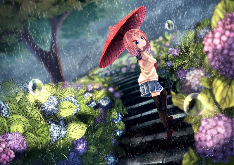 one person, human representation, 720P, outdoors, rain, growth, original characters, flower, clothing, representation, childhood, flowers, water, gardening