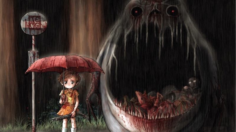 umbrella, night, representation, looking at camera, mammal, ominous, halloween, little girl, rain, My Neighbor Totoro, human skeleton, spooky, indoors