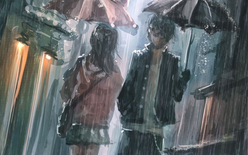anime, artwork, anime boys, rain, umbrella, 1080P, street