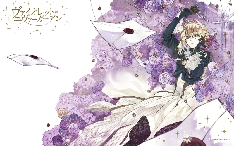 flowering plant, white color, purple, indoors, still life, table, Violet Evergarden, beauty in nature, Violet Evergarden (Character), plant part, creativity