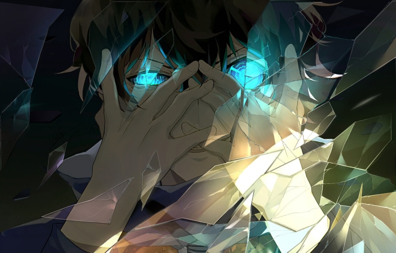 brunette, broken glass, Blood Blockade Battlefront, anime boys, blue eyes, anime, hand on face, 1080P, Leonardo Watch