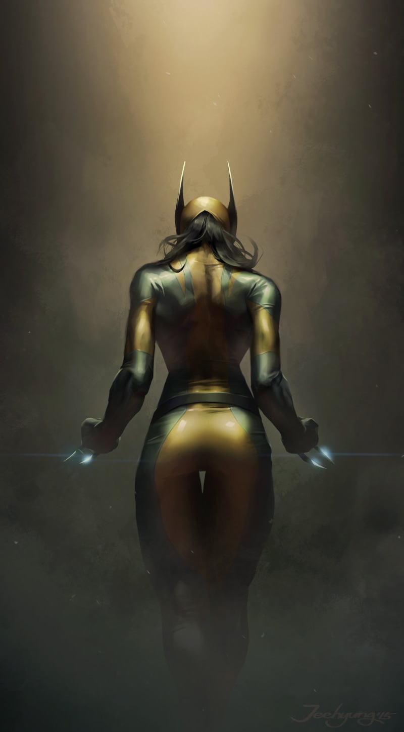 indoors, studio shot, female, animal wildlife, full length, standing, gold colored, X-Men, women, surreal, front view, Marvel Comics, close-up, illustration
