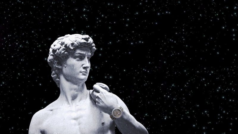 1080P, female likeness, studio shot, craft, black background, statue of david marble rolex gold watch space stars, creativity, night, snowing, art and craft