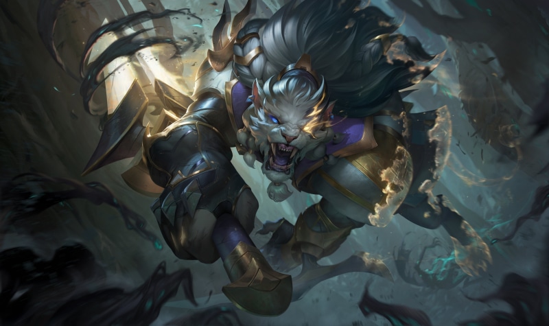 digital art, Riot Games, dagger, lion, 4K, fan art, Ruined, Rengar (League Of Legends), artwork, Sentinel Rengar, illustration, League of Legends