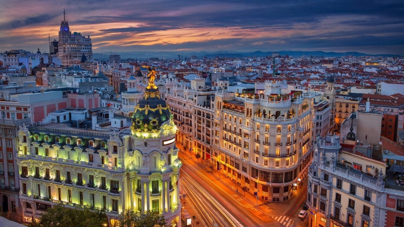 dusk, madrid, urban area, government, sunset, no people, gran vía, street, architecture, evening, nature, illuminated, skyscraper, building, landscape