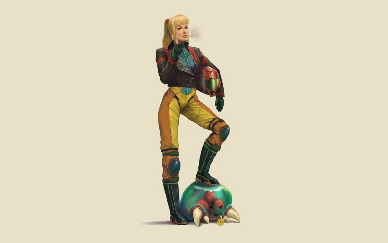 female, mid adult, paper, women, white background, copy space, studio shot, young women, Metroid Prime, 1080P, standing, blond hair, wall, cut out, Samus Aran