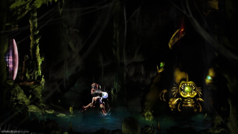 spirituality, outdoors, Samus Aran, digital art, mid adult, water, Metroid, game, Orioto, one person, DeviantArt, representation, dark, tree, 1080P, real people
