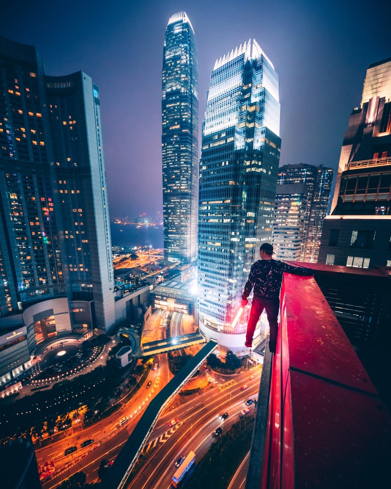 built structure, abstract, suicide, road, overpass, cityscape, urban, man, nightscape, daredevil, modern, city life, city, street, light trail, skyscraper
