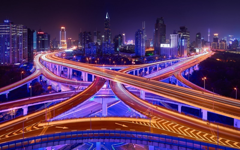 motion, building exterior, city street, development, city life, multiple lane highway, 1080P, highway, downtown district, overpass, cityscape, illuminated
