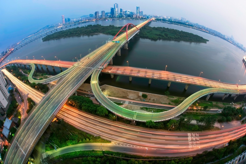 high angle view, city, water, transportation, no people, 1080P, connection, travel destinations, multiple lane highway, architecture, speed, bridge, Seoul