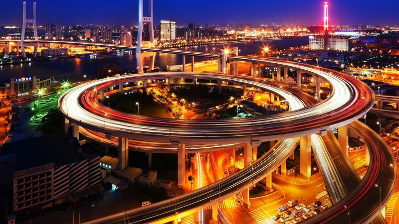 traffic, photo, illuminated, built structure, 1080P, bridge, modern, road, city lights, high angle view, elevated road, cityscape, no people, highway