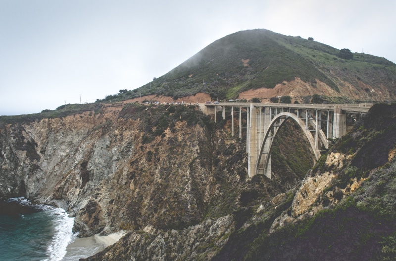 california, overpasses, bridge - Man Made Structure, pacific Coast Highway, rock - Object, road, highway, coastline, sky, built structure, cliff, no People