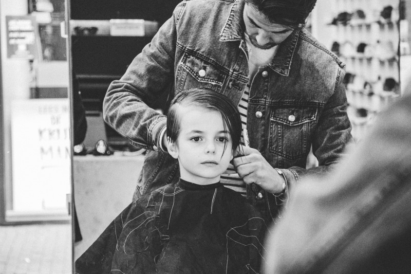 cute, photo, young men, barbershop, boy, barber, adult, black and white, childhood, grayscale, two people, women, people, barber shop, real people, young adult
