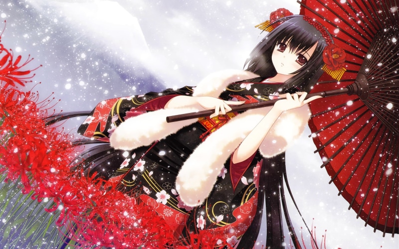 clothing, snow, transportation, dark hair, lifestyles, mode of transportation, haired, kimono, 1080P, young adult, holding, black, women, anime, beautiful woman