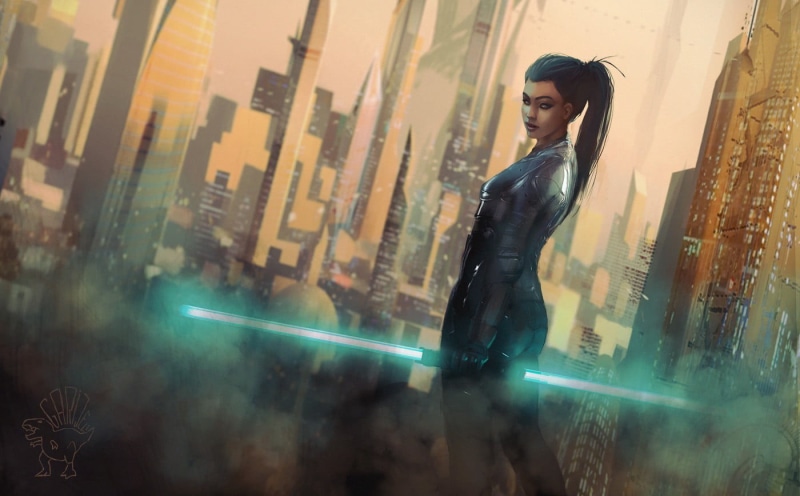 one person, Jedi, standing, young adult, cityscape, artwork, young women, holding, beautiful woman, adult, outdoors, window, office building exterior, skyscraper