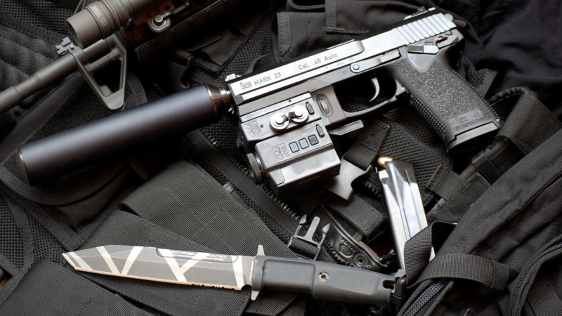 Mark 23, crime, 1080P, still life, Germany, law, large group of objects, muffler, black color, close-up, machine gun, handgun, protection, no people, gun