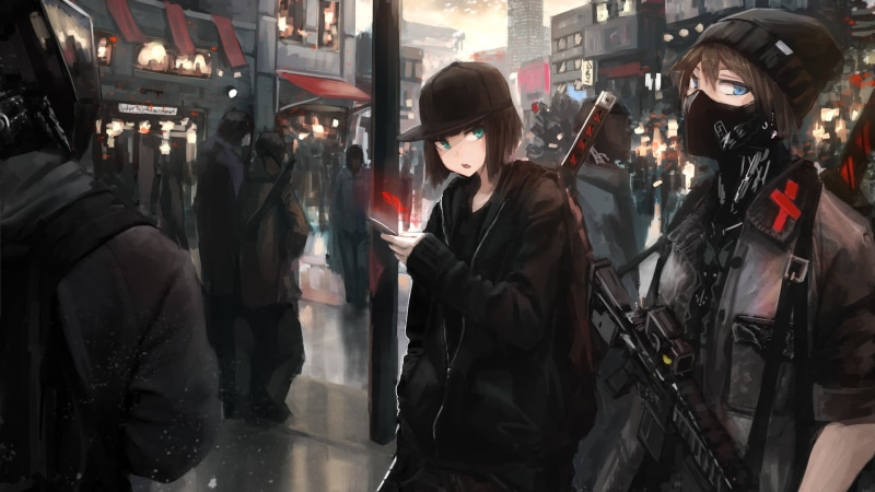 standing, street, architecture, women, shopping, night, anime girls, walking, incidental people, group of people, young adult, 1080P, waist up, photographer