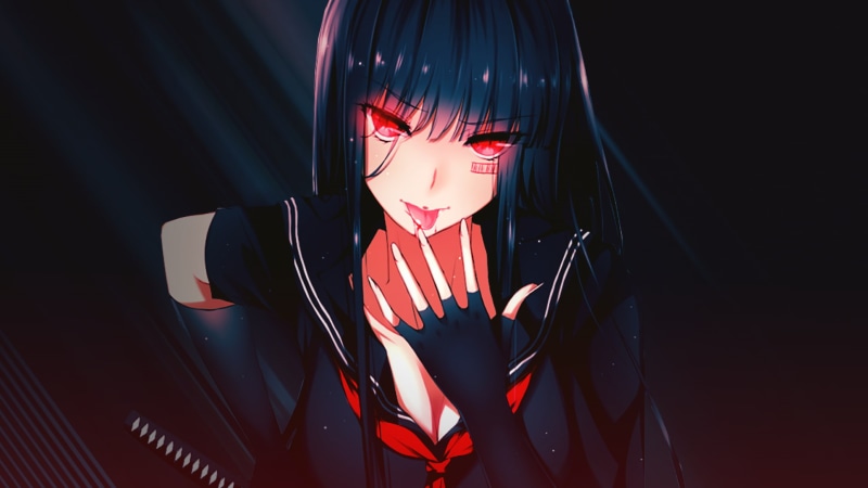 waist up, red eyes, portrait, young adult, young women, front view, black background, illuminated, lifestyles, anime girls, indoors, beautiful woman, women