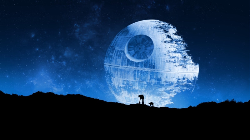 Death Star, 2K, night sky, space, Star Wars, AT-AT