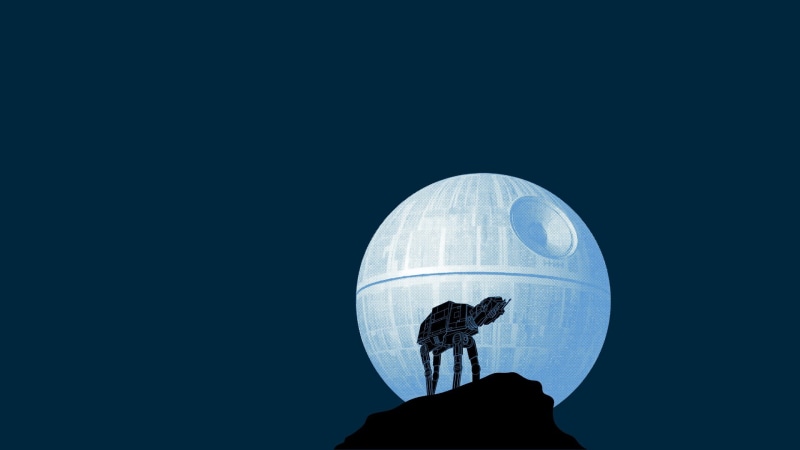 minimalism, Death Star, nature, outdoors, character, astronomy, silhouette, AT-AT, sphere, night, clear sky, blue background, sky, Star Wars