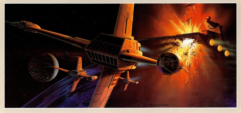spacecraft, digital, music, concept art, nature, firing, night, artwork, low angle view, Ralph McQuarrie, string instrument, no people, B-wing, burning