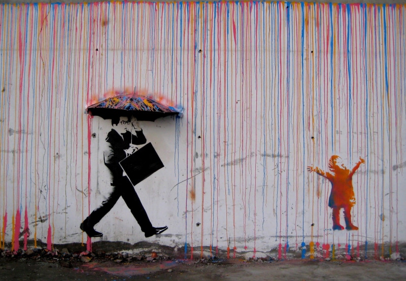 mural, Skurtur Design, 2K, Norway, paint, Raining Paint In Norway, raining, umbrella, rain, graffiti, Trondheim, Svartlamoen, CMYK