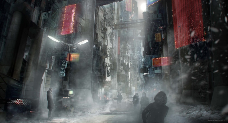 outdoors, fantasy art, men, red, walking, crowd, digital art, 1080P, futuristic city, architecture, city life, city, people, group of people, women, smoke - physical structure