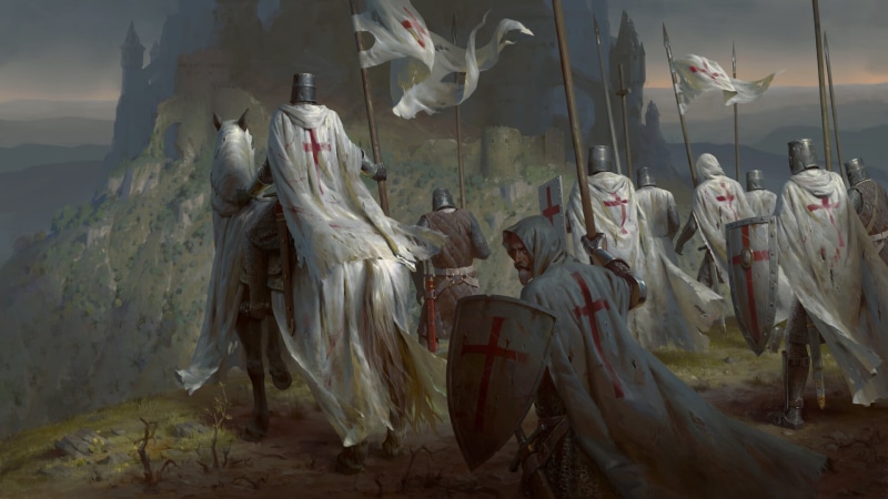Templar, Post Scriptum, fantasy art, cross, video games, horse, banner, castle, 1080P