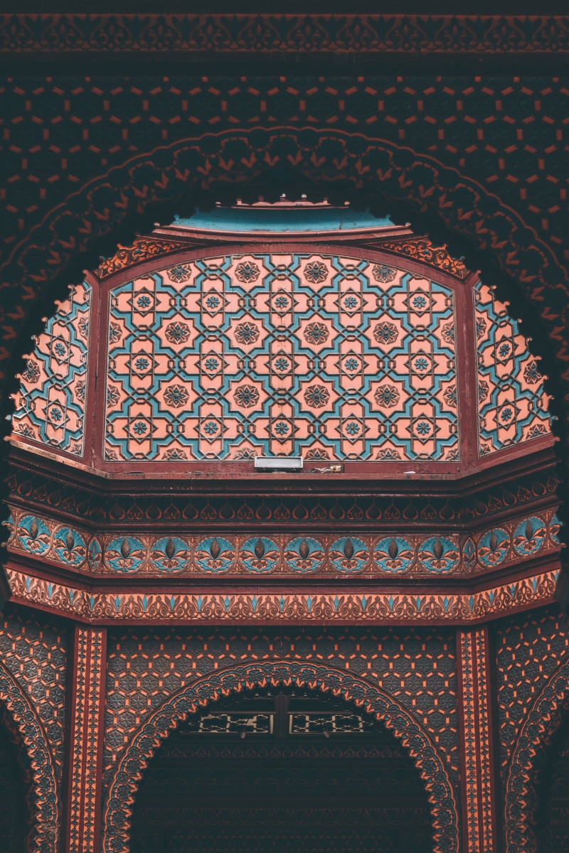 black, design, building, the past, arch, interior, built structure, teal, islam, cultures, art, wall, mosque, ornate, travel destinations, indoors, architecture and art