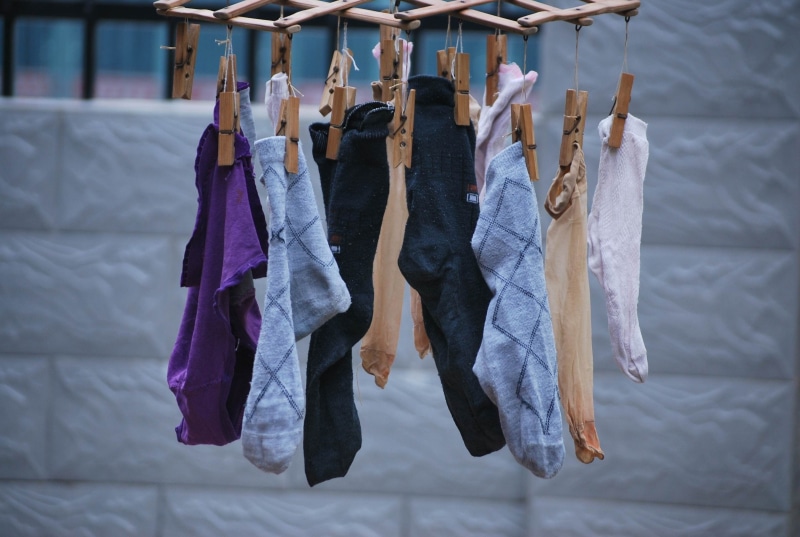 Clothespin, textile, clothing, hanging, wooden, coathanger, photography, choice, shallow, 2K, indoors, fashion, Sock, focus on foreground, Laundry, day