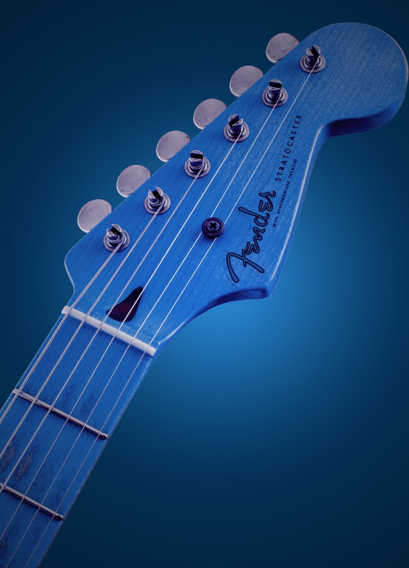 indoors, concert, colorful, fender, close-up, musical instrument string, retro, creativity, background, musician, 1080P, studio shot, headstock, blue background