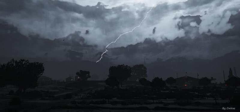 nature, plant, GTA5, lightning, sky, no people, cloud - sky, tree, beauty in nature, games art, Grand Theft Auto, thunderstorm, computer game, outdoors