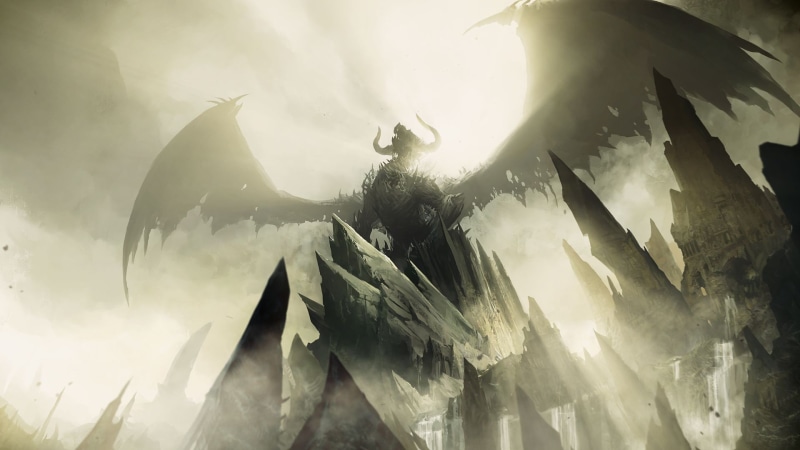 digital art, mist, wings, Guild Wars 2, sun rays, horns, video games, fantasy art, artwork, dragon, 1080P, rock