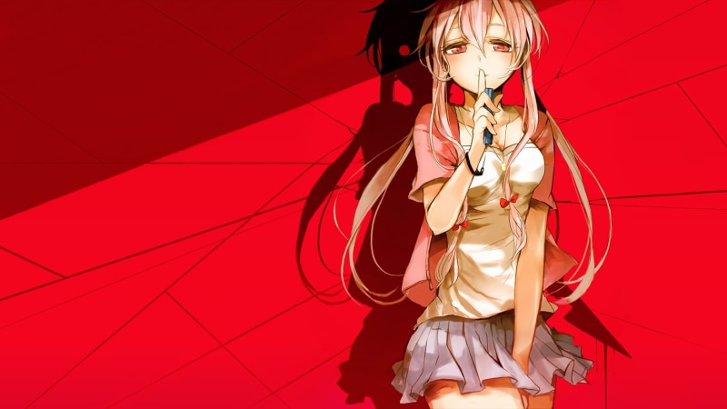 Gasai Yuno, front view, adult, portrait, colored background, holding, arts culture and entertainment, beauty, anime girls, blond hair, event, beautiful people