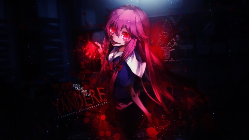 beautiful woman, blood, evil, hairstyle, dyed red hair, dyed hair, night, nightlife, anime, music, young women, fashion, Mirai Nikki, young adult, dark