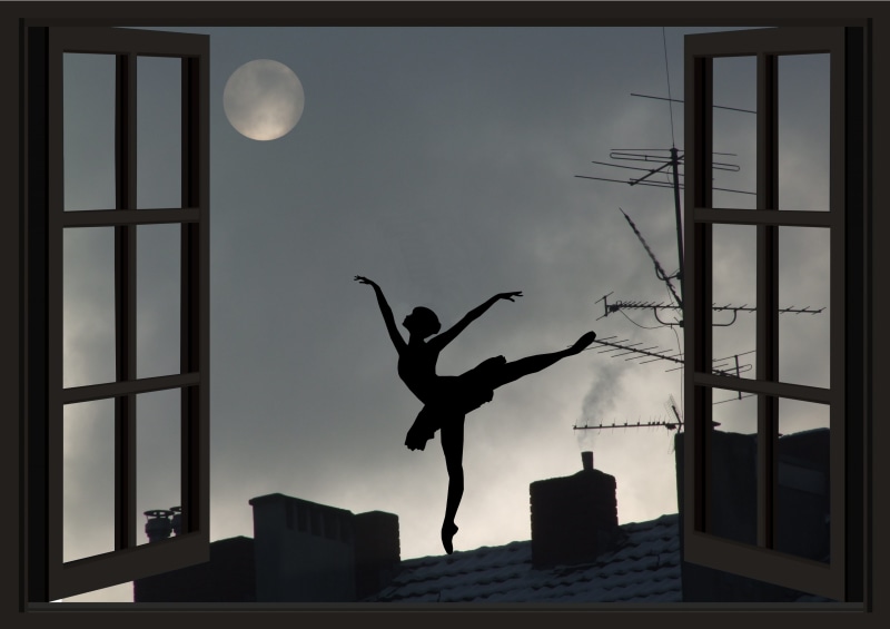 sky, sleep, nature, mystical, heat, fireplace, window, cosmos, darkness, built structure, clouds, dancing, architecture, mid-air, flexibility, jumping