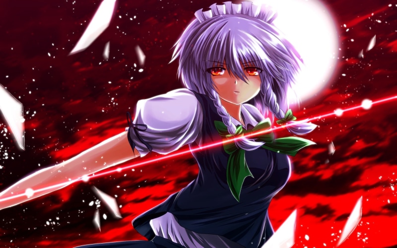red, real people, glowing, front view, three quarter length, red eyes, women, motion, grey hair, young adult, Izayoi Sakuya, waist up, fashion, braids