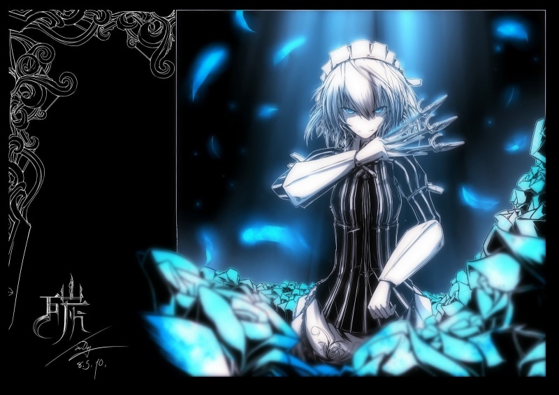 glowing, lighting equipment, grey hair, maid, pattern, human representation, transfer print, blue, auto post production filter, decoration, night, Izayoi Sakuya