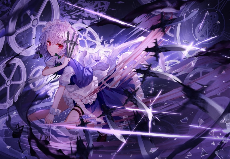 720P, wristwear, 245526, hair, sakuya, konachan, apron, touhou, eyes, maid, red, short, braids, bow, izayoi, com, gray, lo-ta, headdress