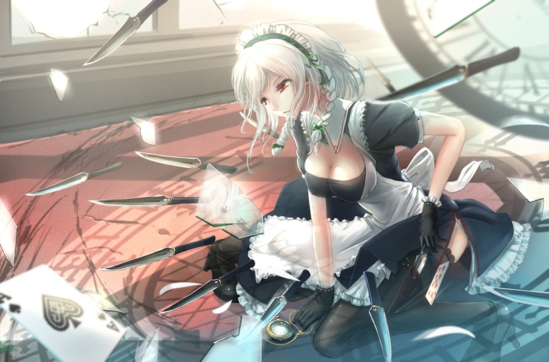 cleavage, knife, red eyes, Izayoi Sakuya, 720P, playing cards, Touhou, maid outfit, glass, maid, pocket watch